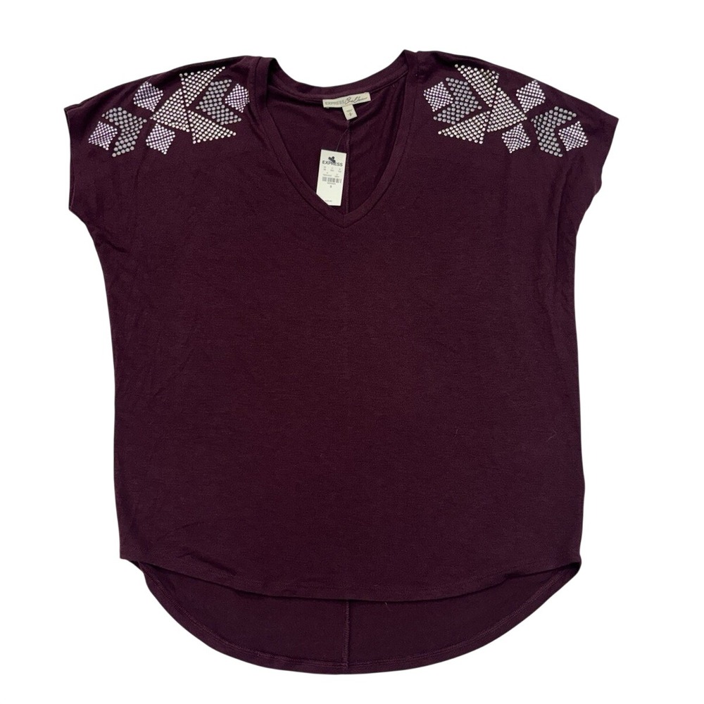 Express One Eleven Studded V-Neck Tee Burgundy Plum Short Sleeve Small NWT